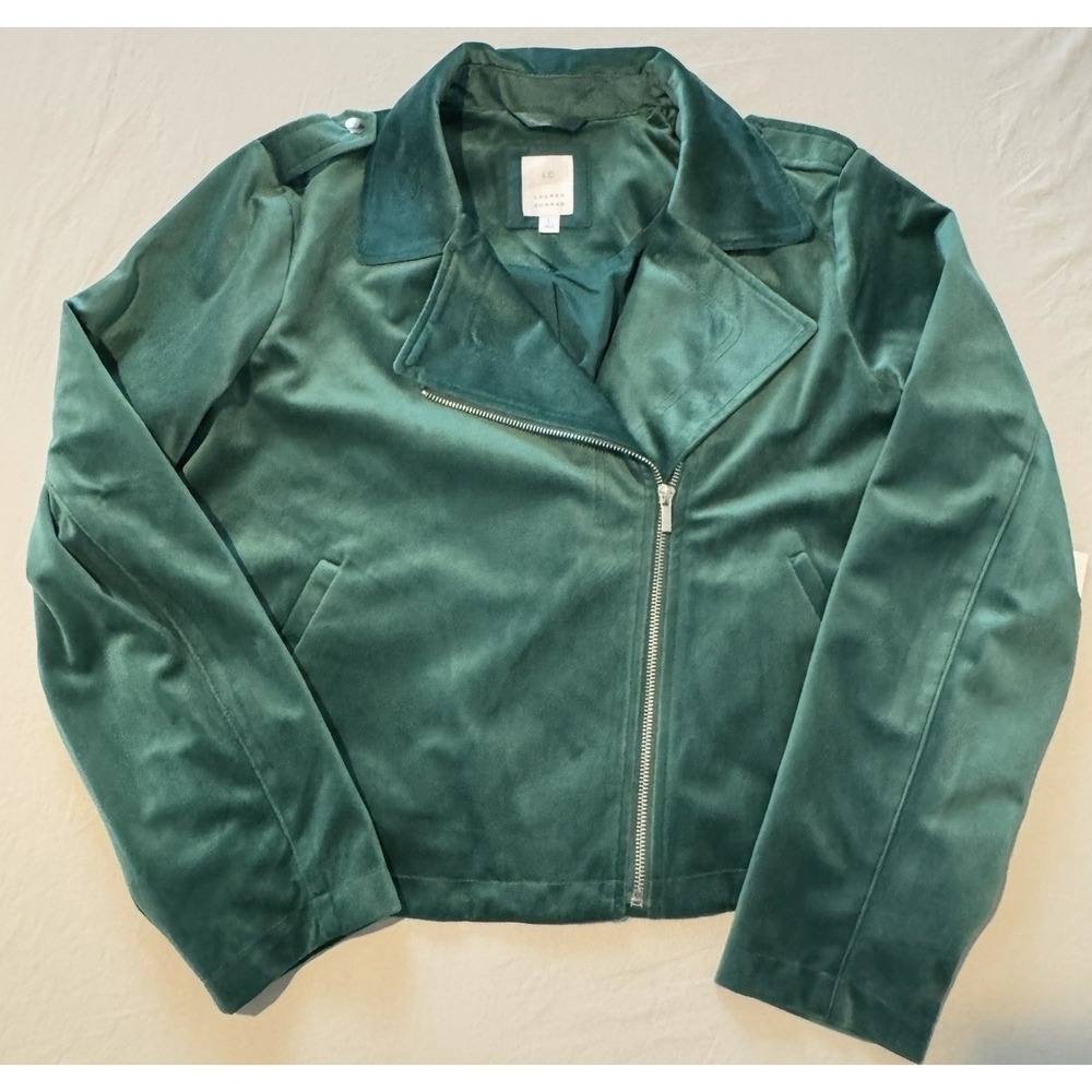 NWT Lauren Conrad Velvet Moto Jacket Emerald Green Zip Front Cropped Style Sz L